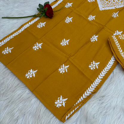 Afana Silk Chikankari Kurti Plazo set Yellow Colour