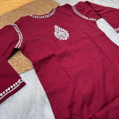 Sabeena Pure Cotton Chikankari Kurti Maroon Colour