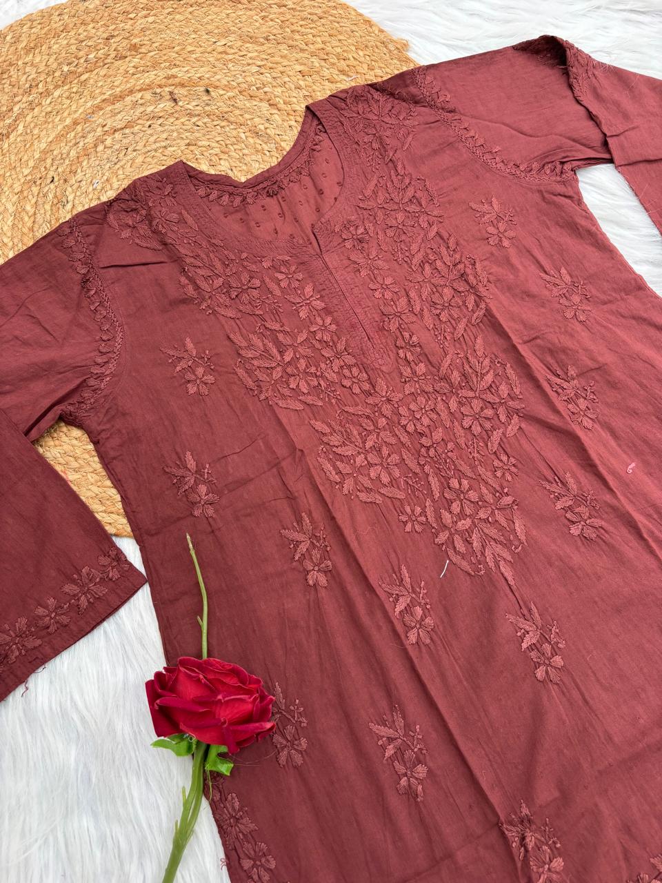 Ziva Soft Dobby Cotton Lucknowi Handwork Chikankari Short Kurti - Brown Colour