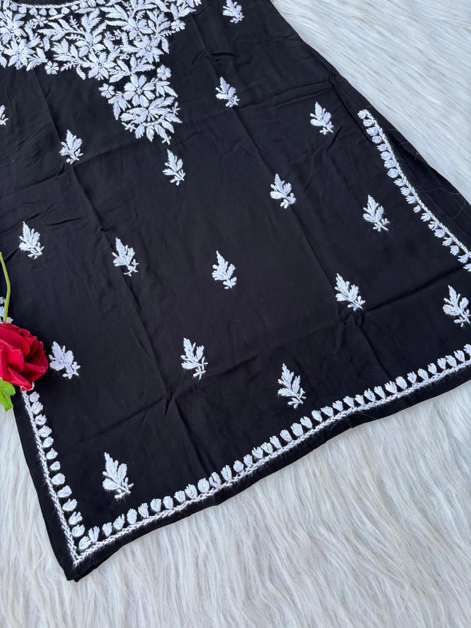 Ayla Rayon Handwork Chikankari Noodle Strap Short Kurti - Black Colour