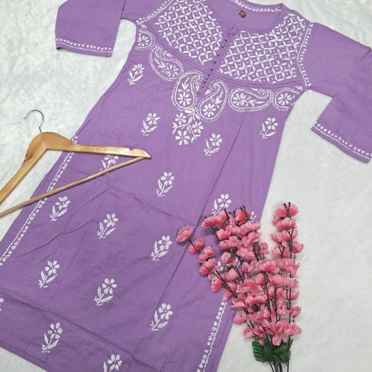 Adiva Pure Cotton Chikankari Handwork Kurti - Purple Colour