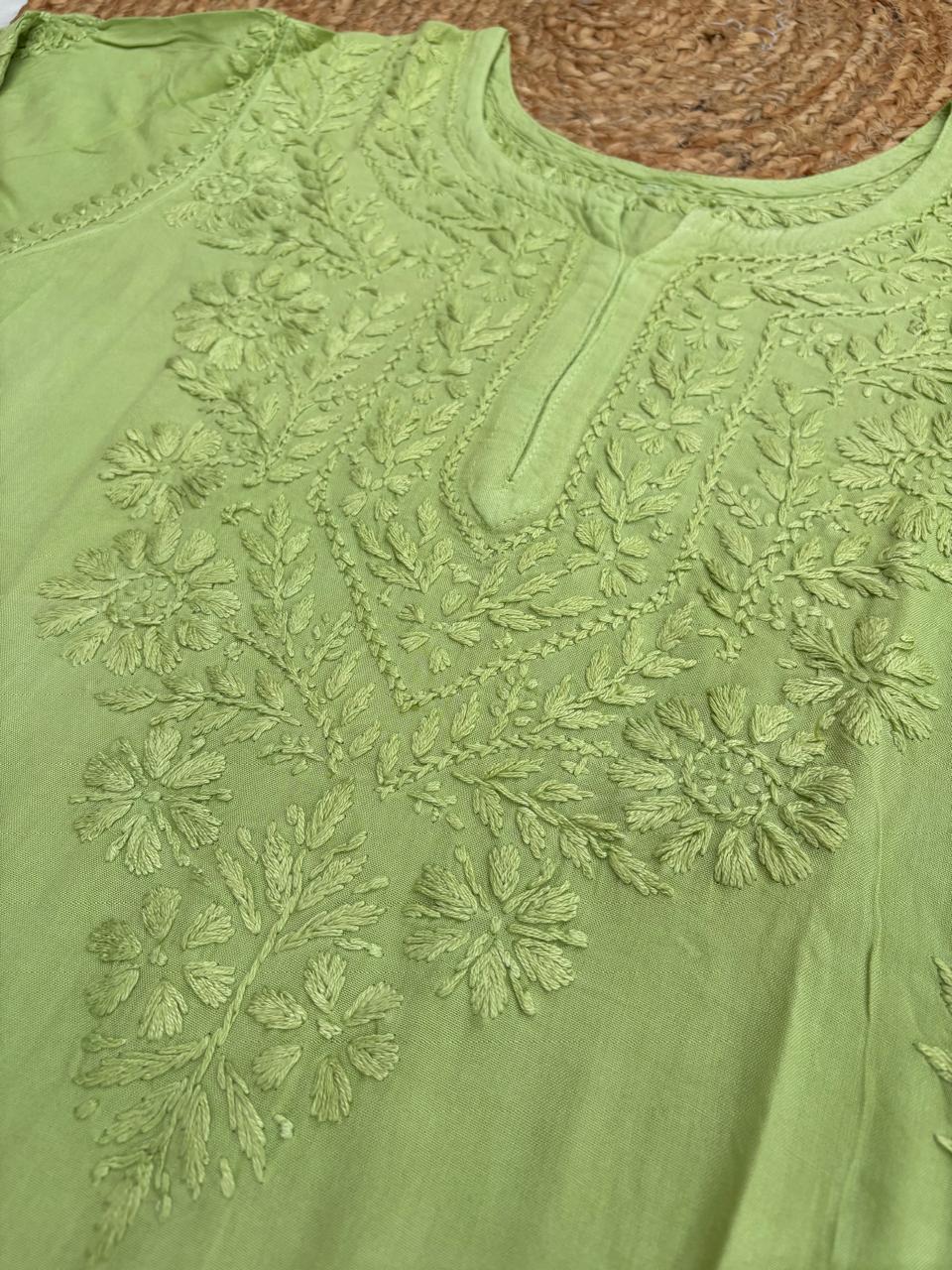 Kiara Dyeable Soft Rayon Handwork Chikankari Kurti - Green Colour