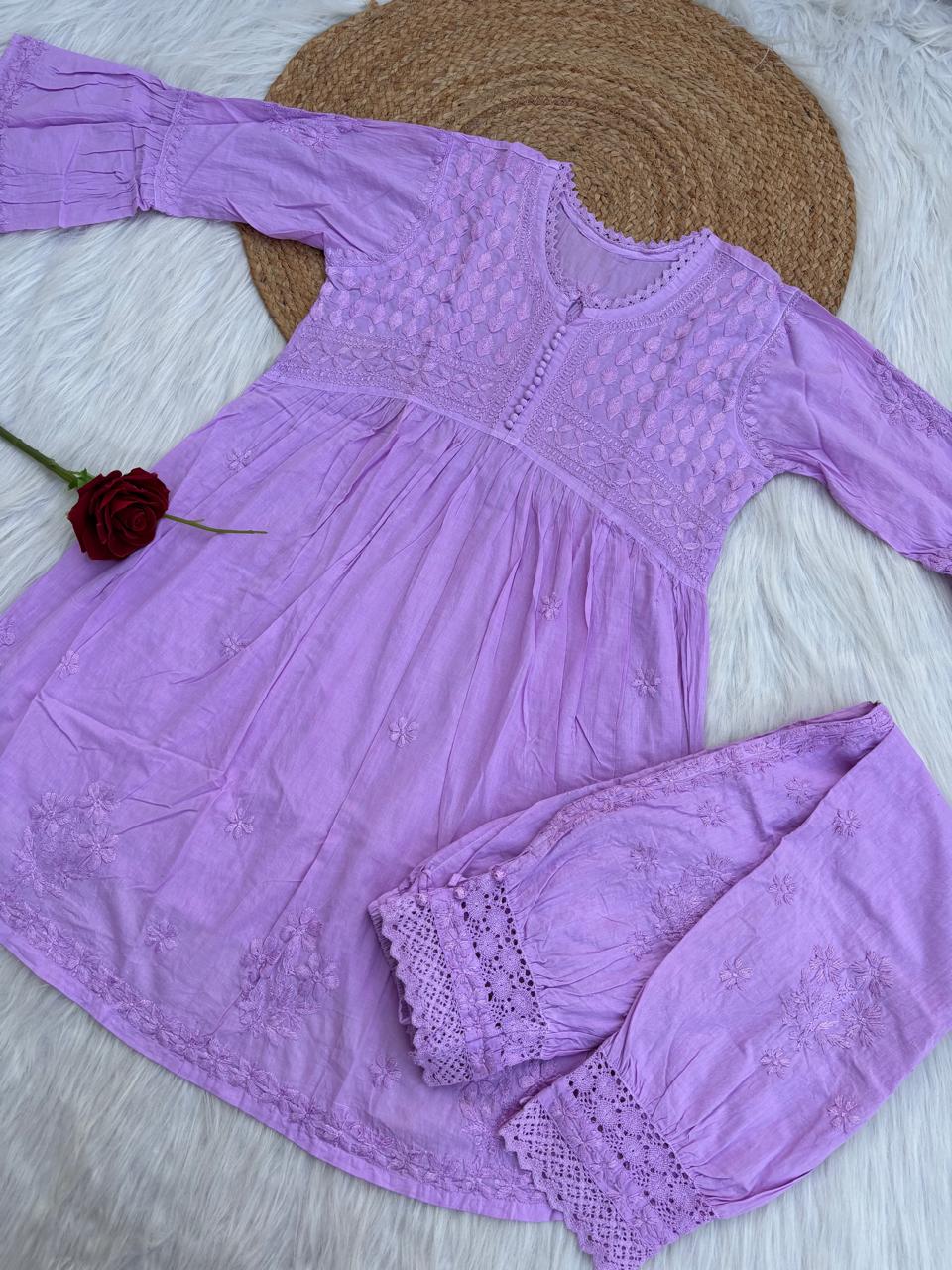 Laila Dobby Cotton Frock Style Short Kurti with Afghani Pant - Purple Color