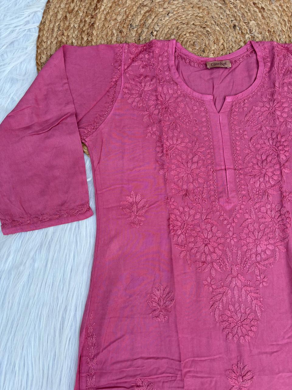 Rabab Dyeable Soft Rayon Handwork Chikankari Kurti - Mauve Pink Colour