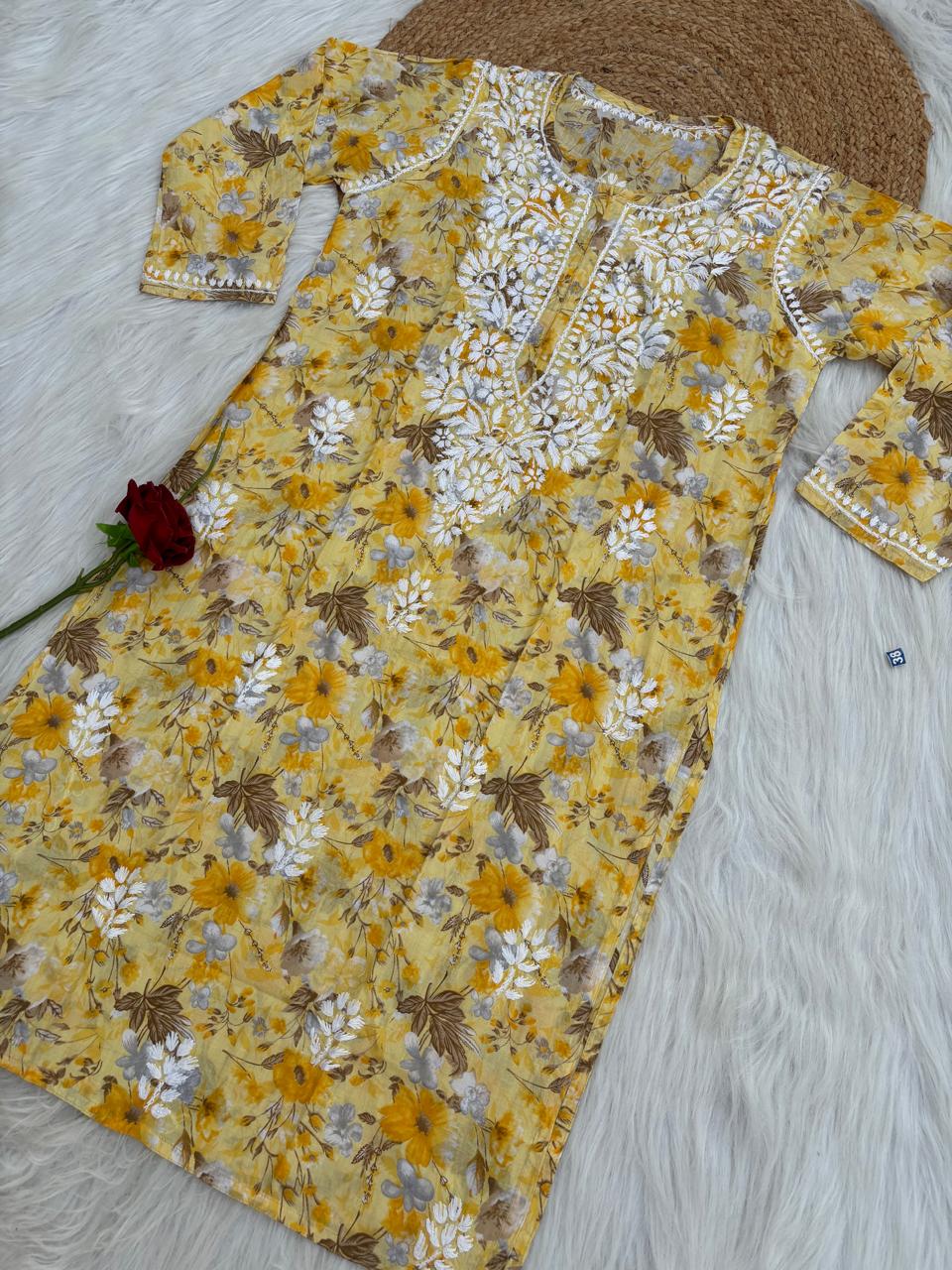 Alina Pure Mulmul Chikankari Handwork Kurti - Yellow Colour