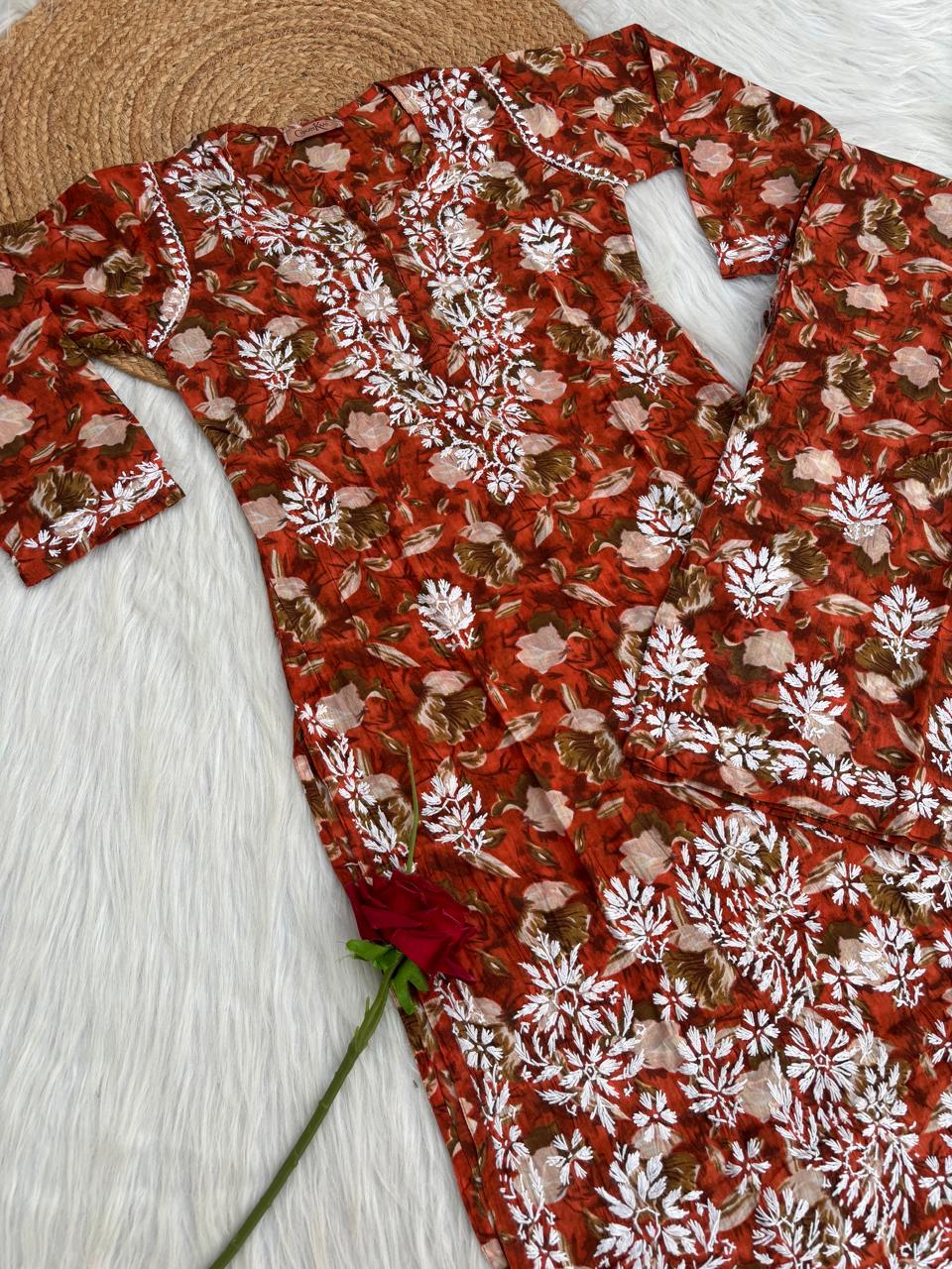 Elena Mulmul Cotton Handwork Chikankari Kurti Set - Terracotta Colour