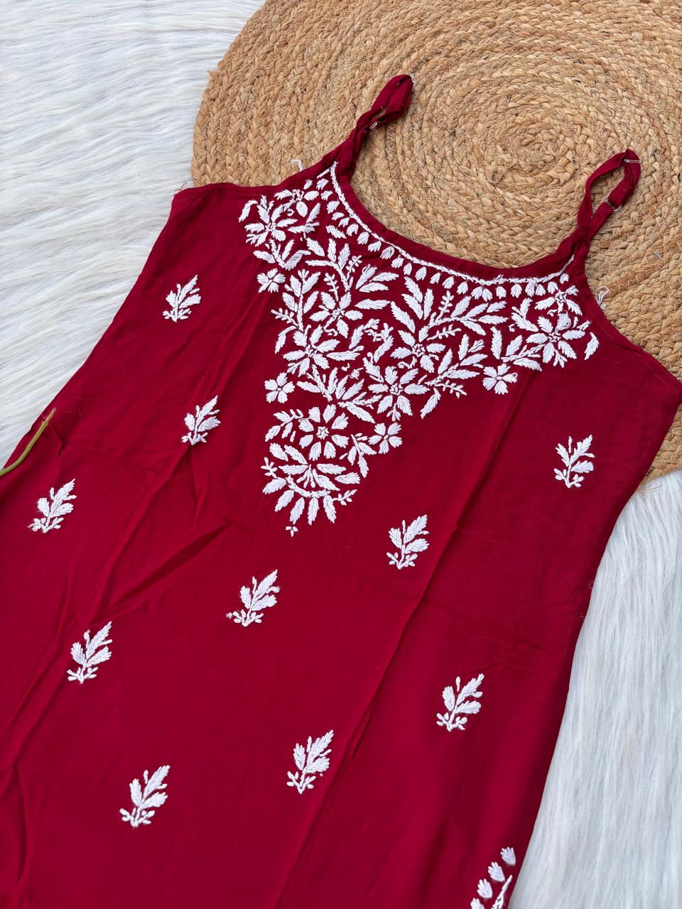 Ayla Rayon Handwork Chikankari Noodle Strap Short Kurti - Maroon Colour