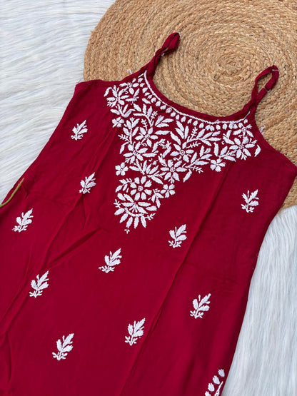 Ayla Rayon Handwork Chikankari Noodle Strap Short Kurti - Maroon Colour