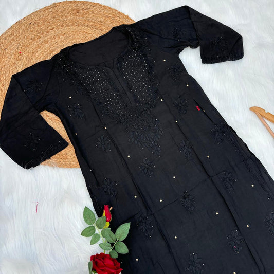 Rakul Preet Inspired Chikankari Muslin Kurti with Mukaish Work - Black Colour