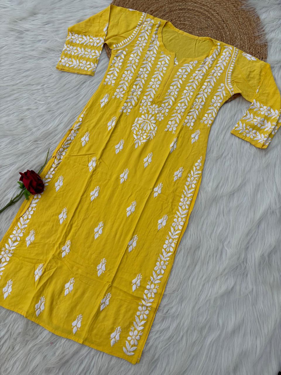Zoobia Soft Rayon Handwork Chikankari Kurti - Yellow Colour