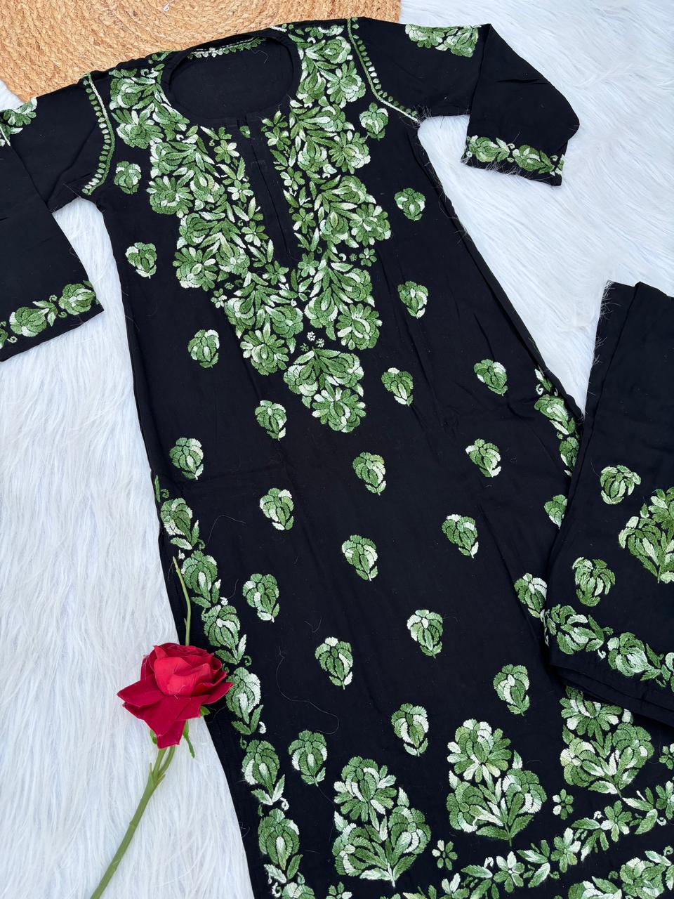 Rida Rayon Handwork Chikankari Kurti Set - Green Colour