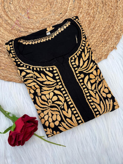 Shifa Soft Rayon Lucknowi Chikankari Kurti - Black Yellow Color
