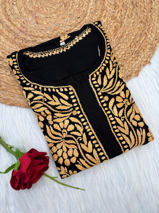 Shifa Soft Rayon Lucknowi Chikankari Kurti - Black Yellow Color