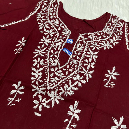 Ziya Pure Cotton Chikankari Short Top- Maroon Colour