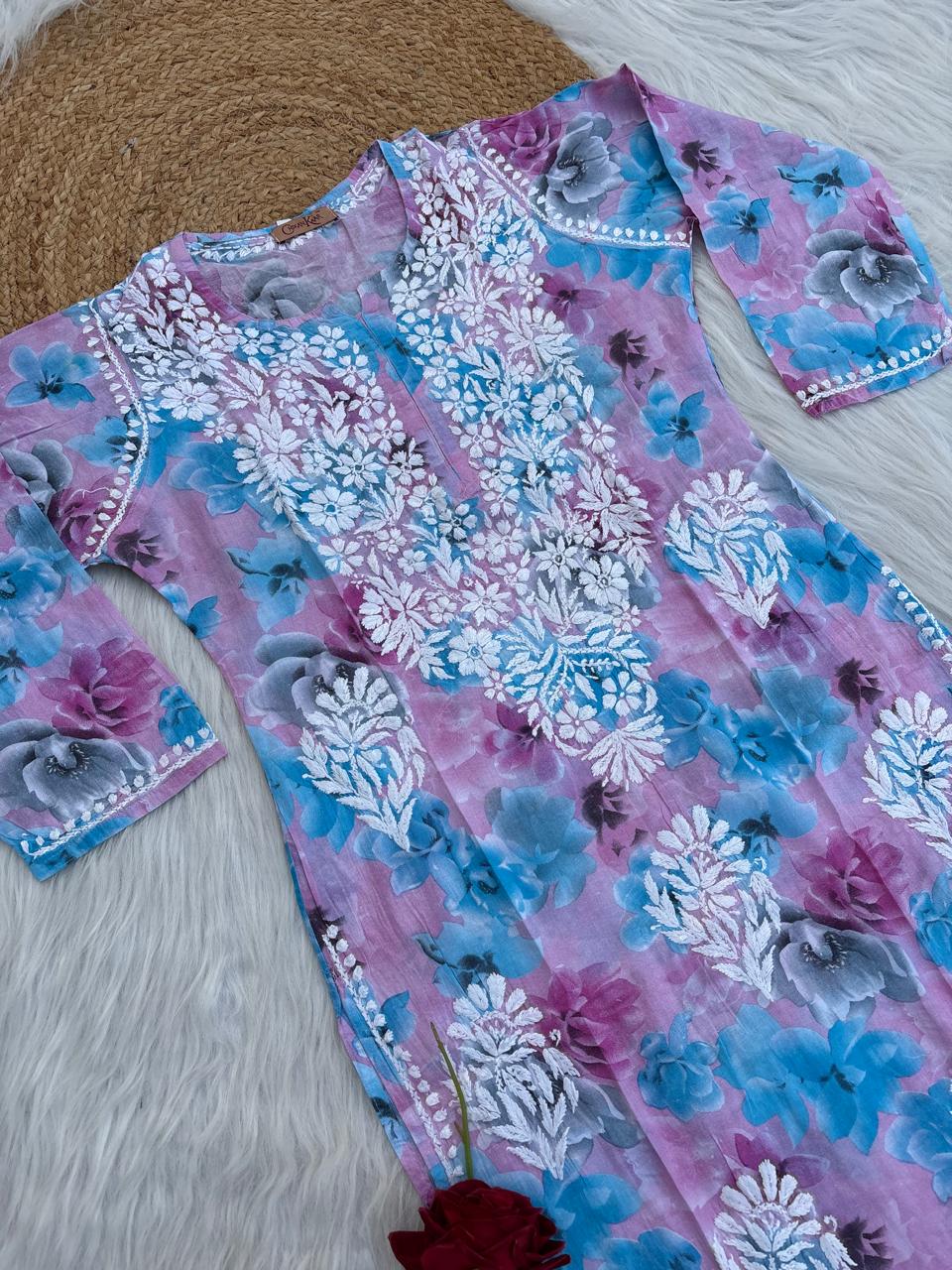 Najma Pure Mulmul Chikankari Handwork Kurti - Purple Colour