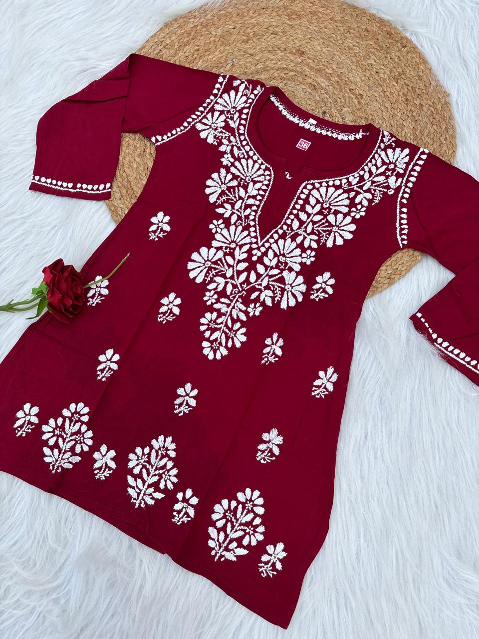 Ina Soft Rayon Handwork Chikankari Short Kurti - Maroon Colour