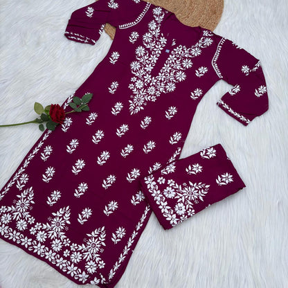 Maya Rayon Chikankari Kurti Plazo Set - Wine Colour