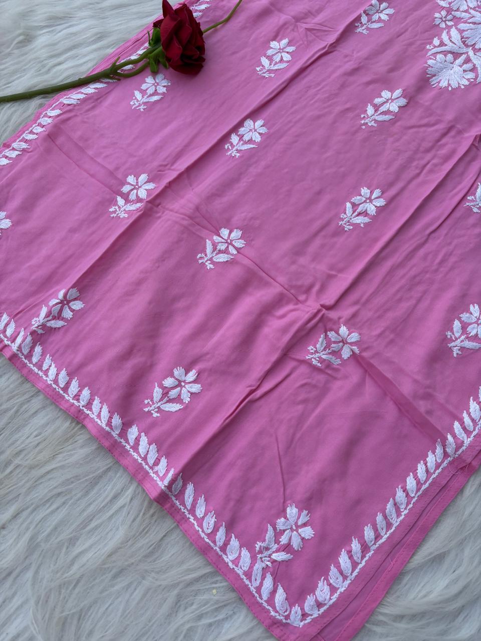 Hiba Soft Rayon Handwork Chikankari Kurti - Pink Colour
