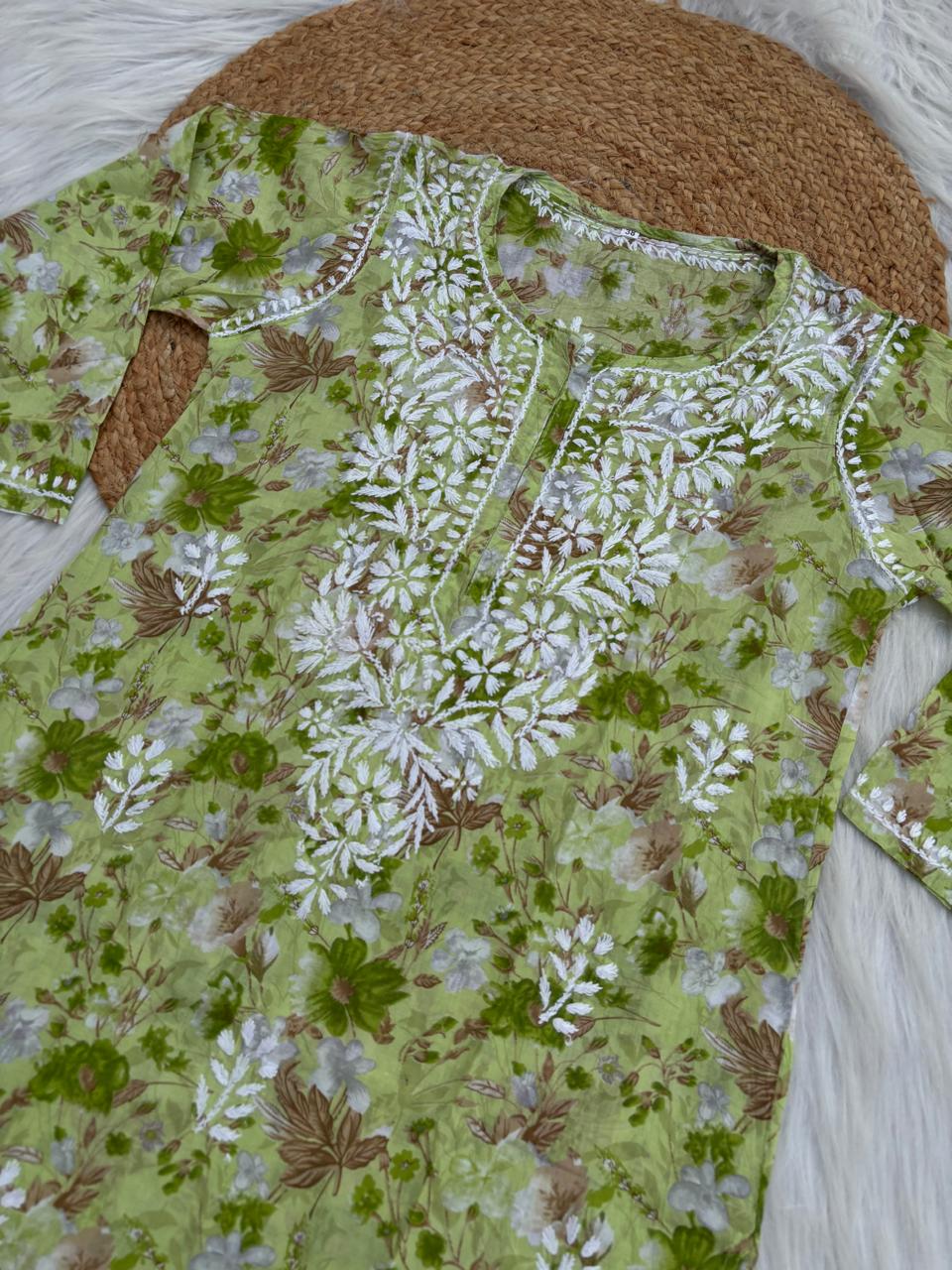 Alina Pure Mulmul Chikankari Handwork Kurti - Green Colour