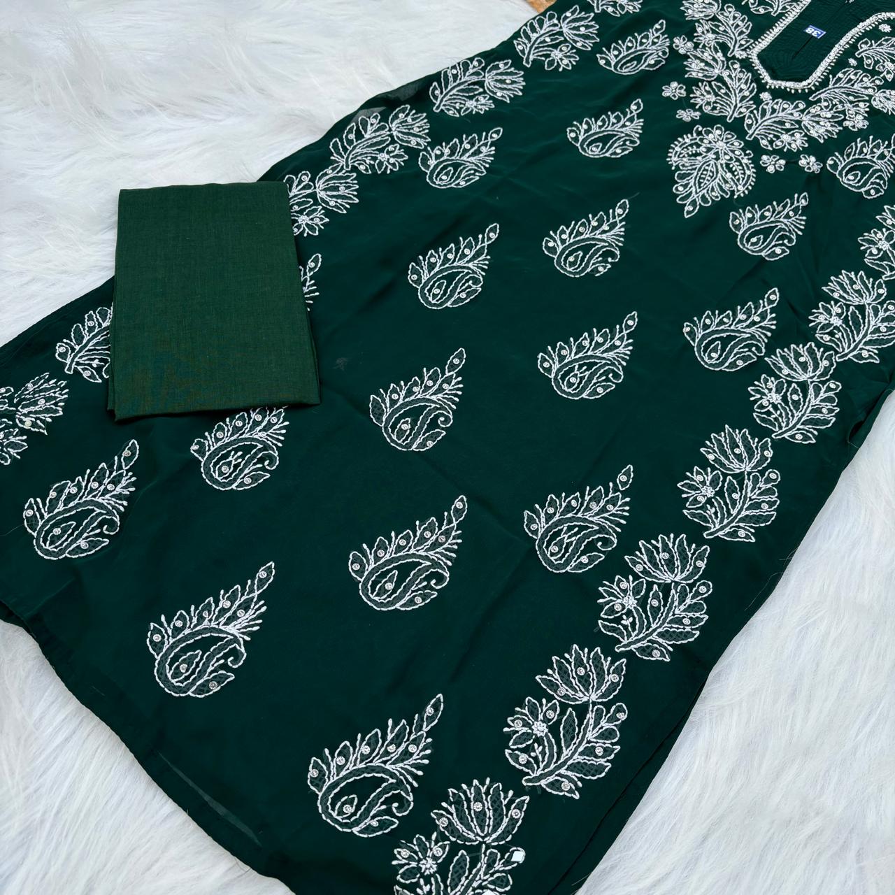 Stone Work Georgette Chikankari Kurti -Dark Green Colour