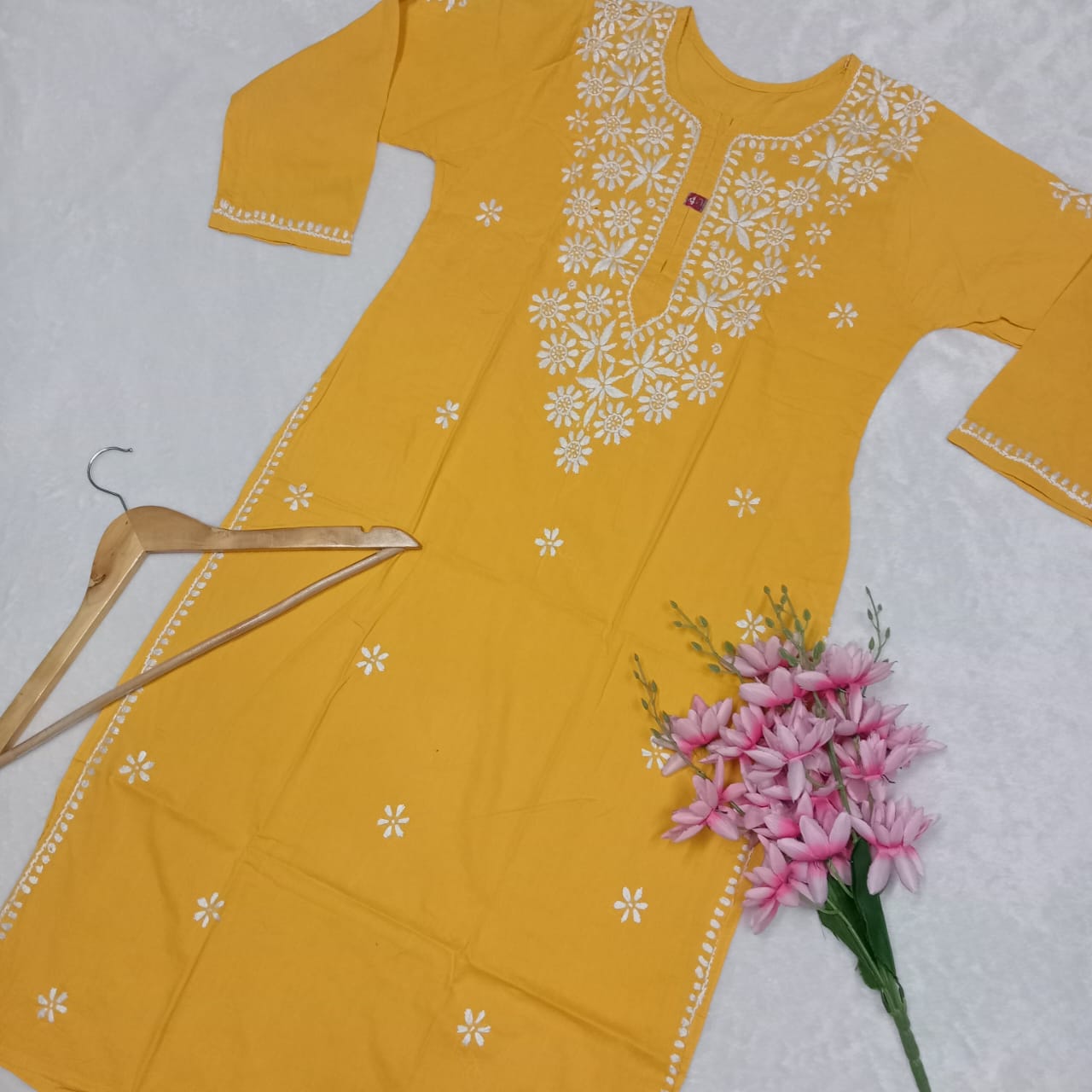 Pure Cotton Chikankari Handwork Kurti - Yellow Colour