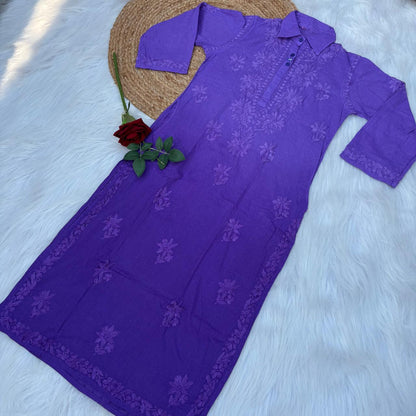 Sadia Dobby Cotton Ombre Shaded Chikankari Kurti with Collar - Purple Colour