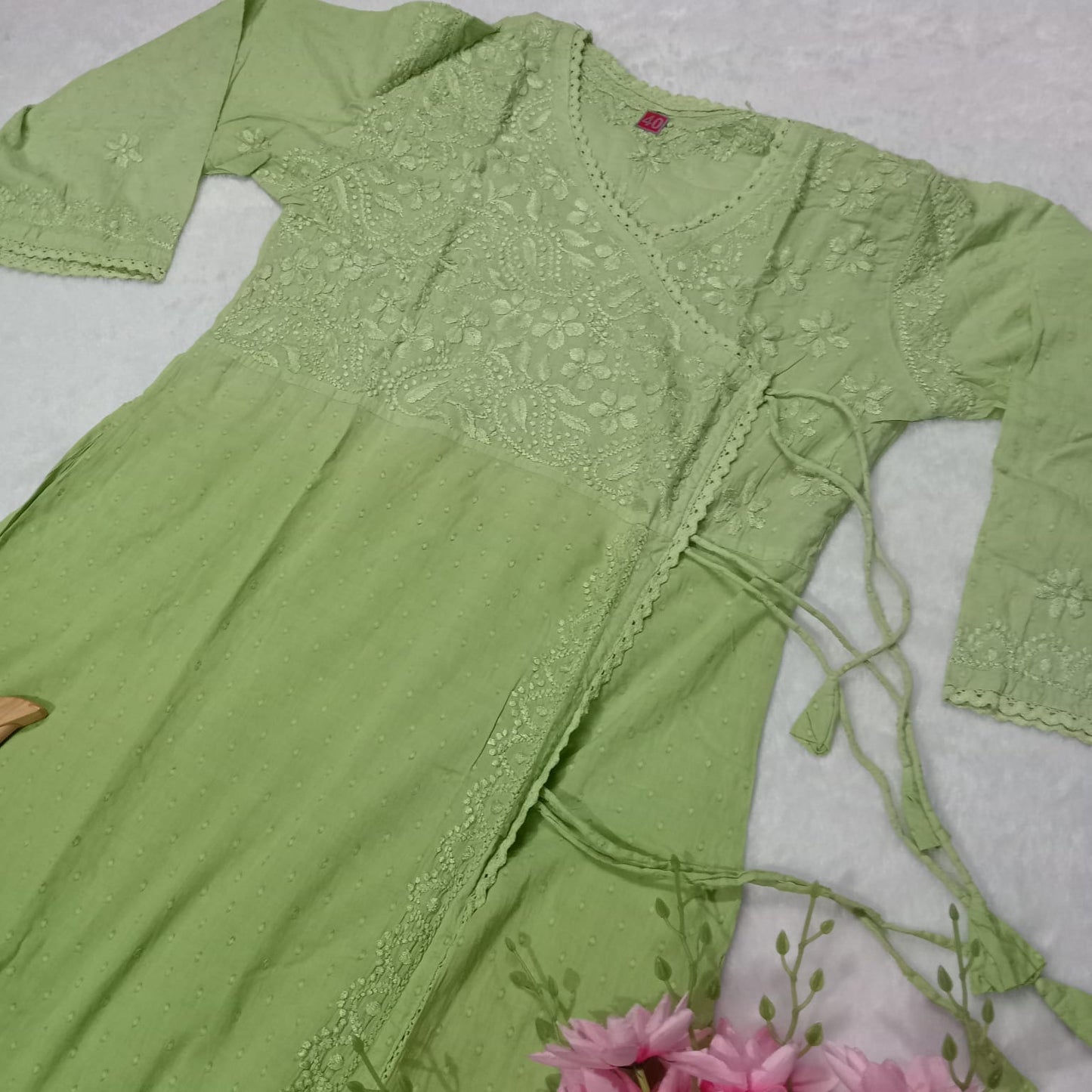 Ombre Shaded Dobby Cotton Chikankari Angarakha -Parrot Green Colour