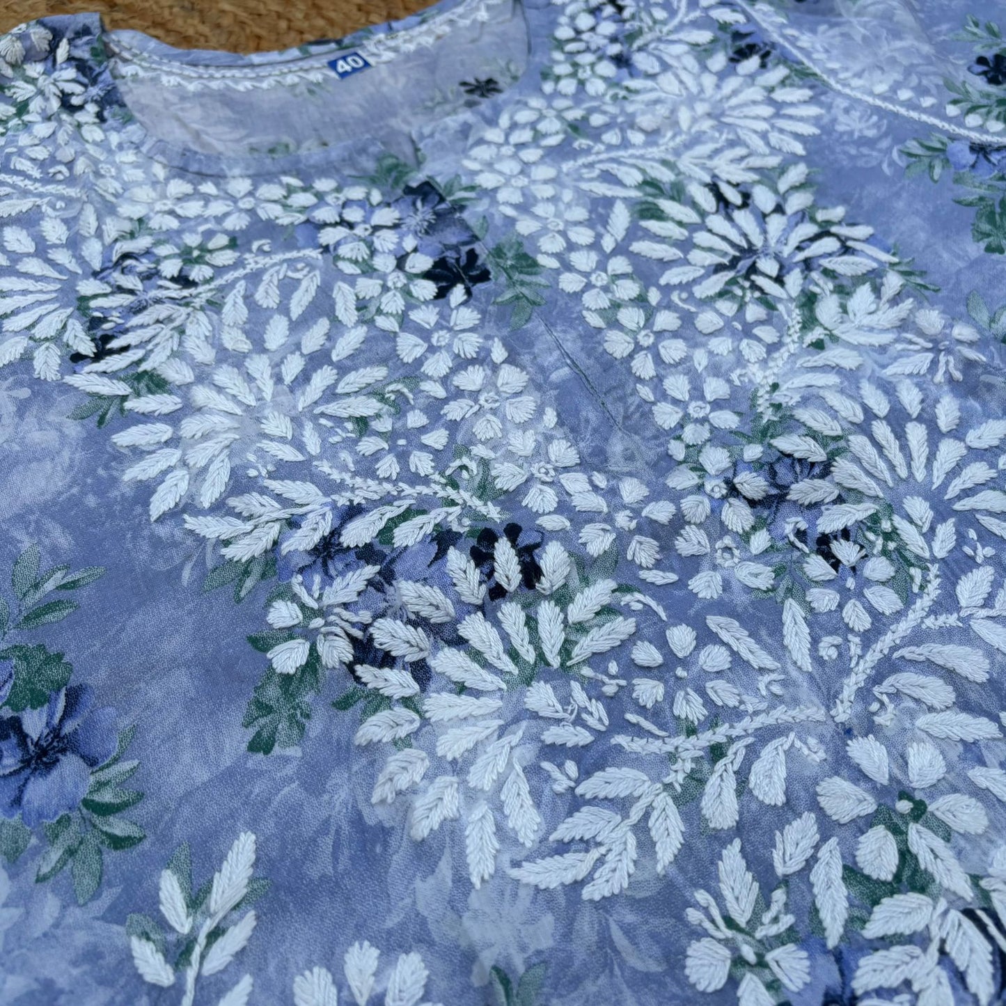 Fawziya Pure Mulmul Chikankari  Handwork Kurti - Blue Colour