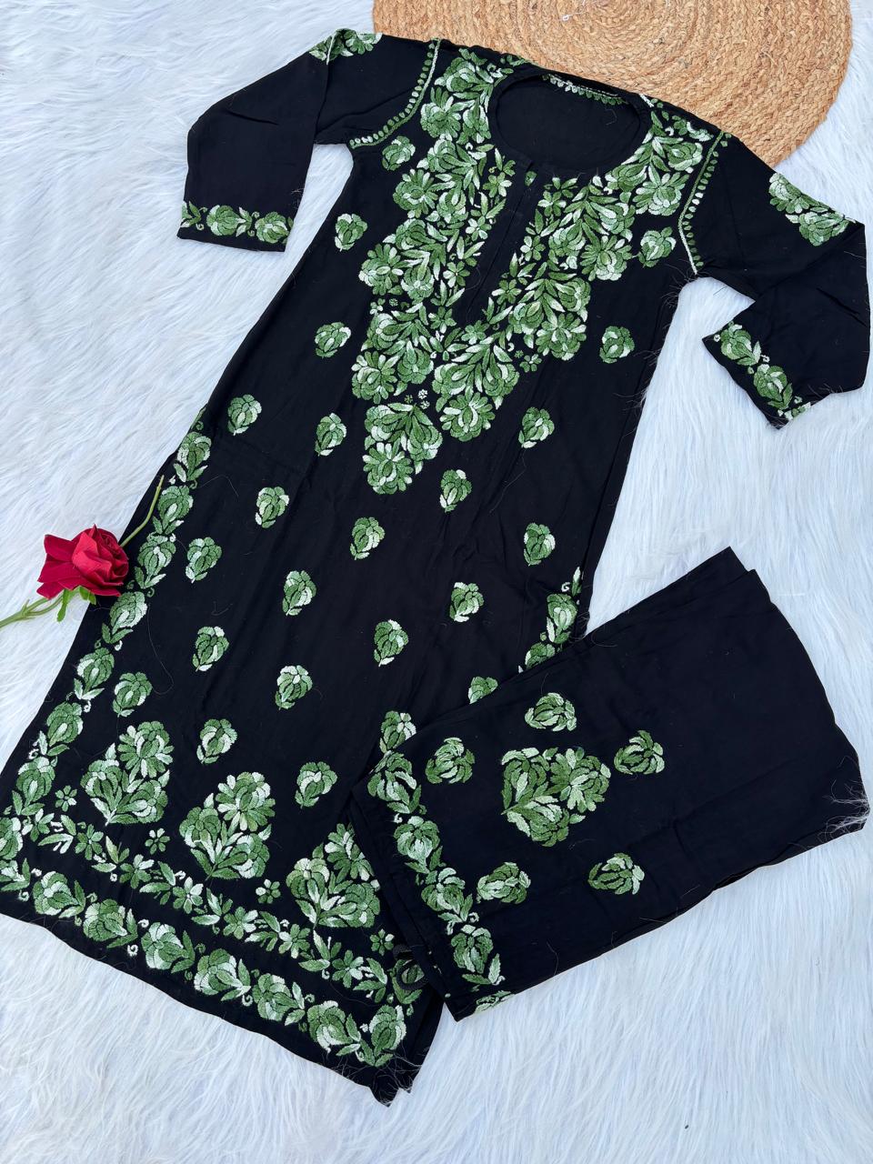 Rida Rayon Handwork Chikankari Kurti Set - Green Colour