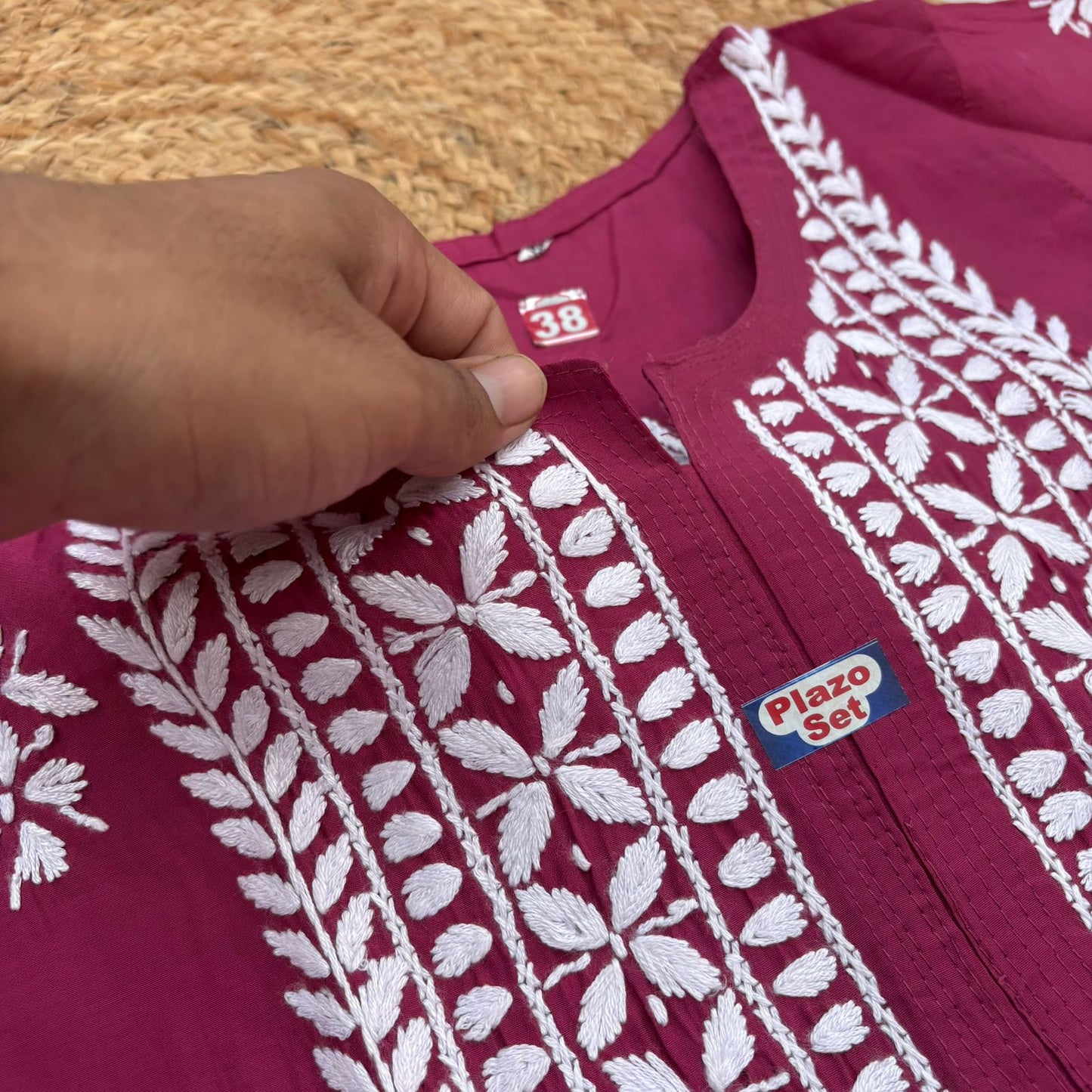 Afana Silk Chikankari Kurti Plazo set Rani Colour