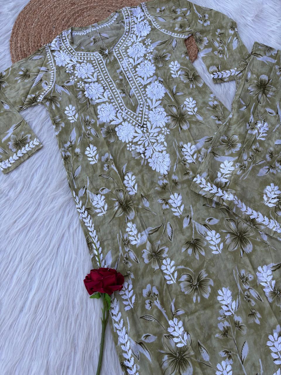 Shazia Mulmul Cotton Chikankari Kurti Set - Dark Green Colour