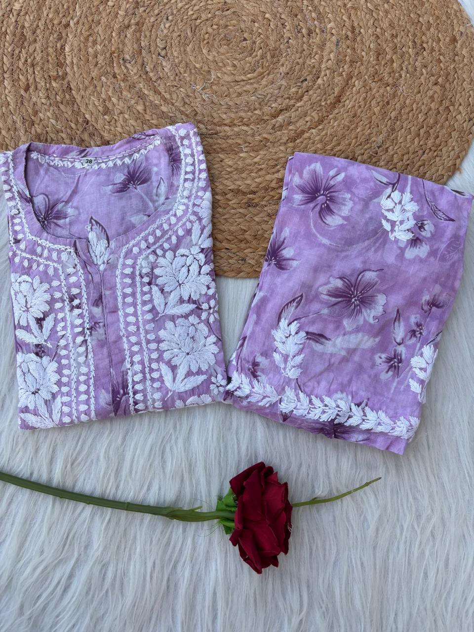 Shazia Mulmul Cotton Chikankari Kurti Set - Purple Colour