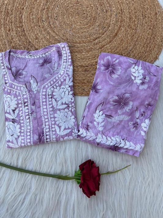 Shazia Mulmul Cotton Chikankari Kurti Set - Purple Colour