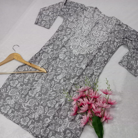 Mulmul Cotton Chikankari Machine Work Kurti - Grey Colour