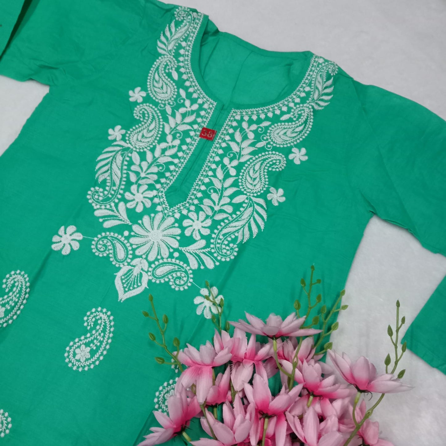 Cotton Machine Work Chikankari Kurti -Sea Green Colour