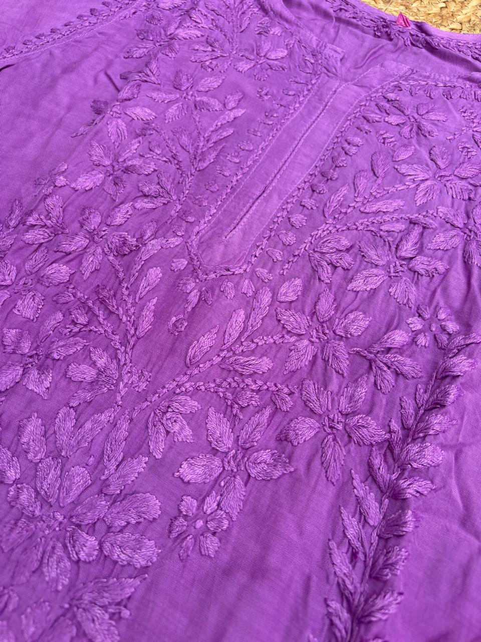 Nadia Muslin Lucknowi Chikankari Kurti Pant Set - Purple Color
