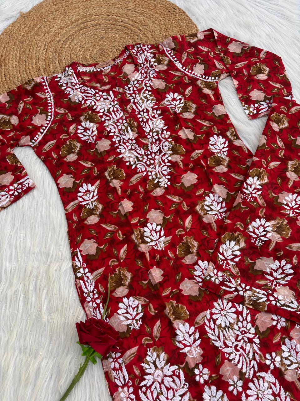 Elena Mulmul Cotton Handwork Chikankari Kurti Set - Cherry Colour