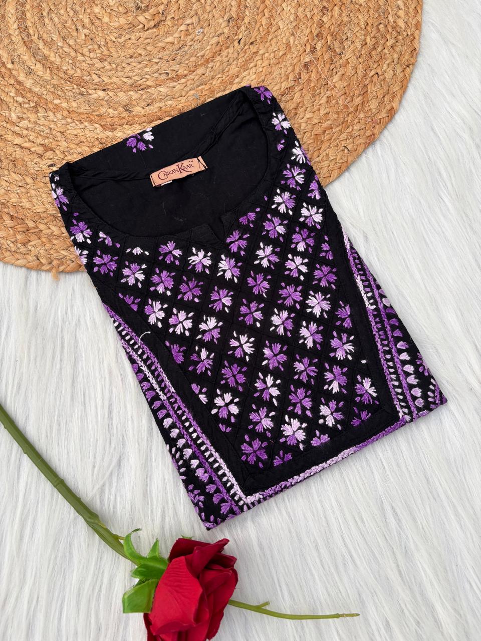 Maryam Handwork Cotton Lucknowi Chikankari Kurti - Purple Color