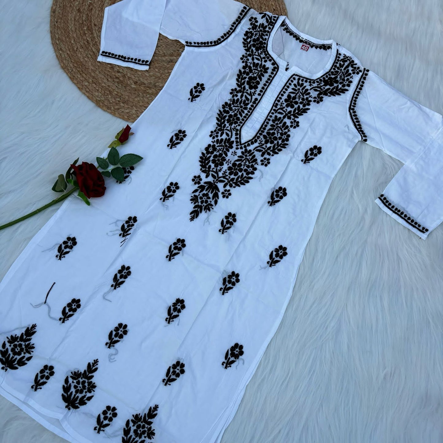 Shazana Pure Cotton Chikankari Kurti - White Black Color