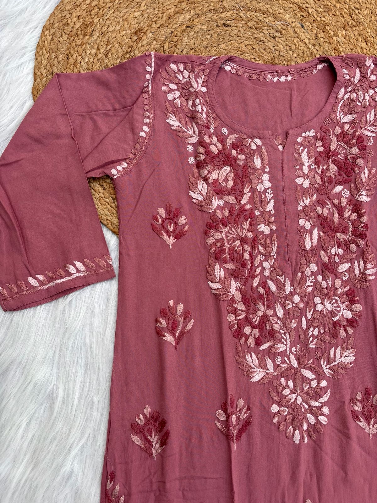 Roohi Rayon Tone To Tone Lucknowi Handwork Chikankari Kurti - Mauve Pink Color