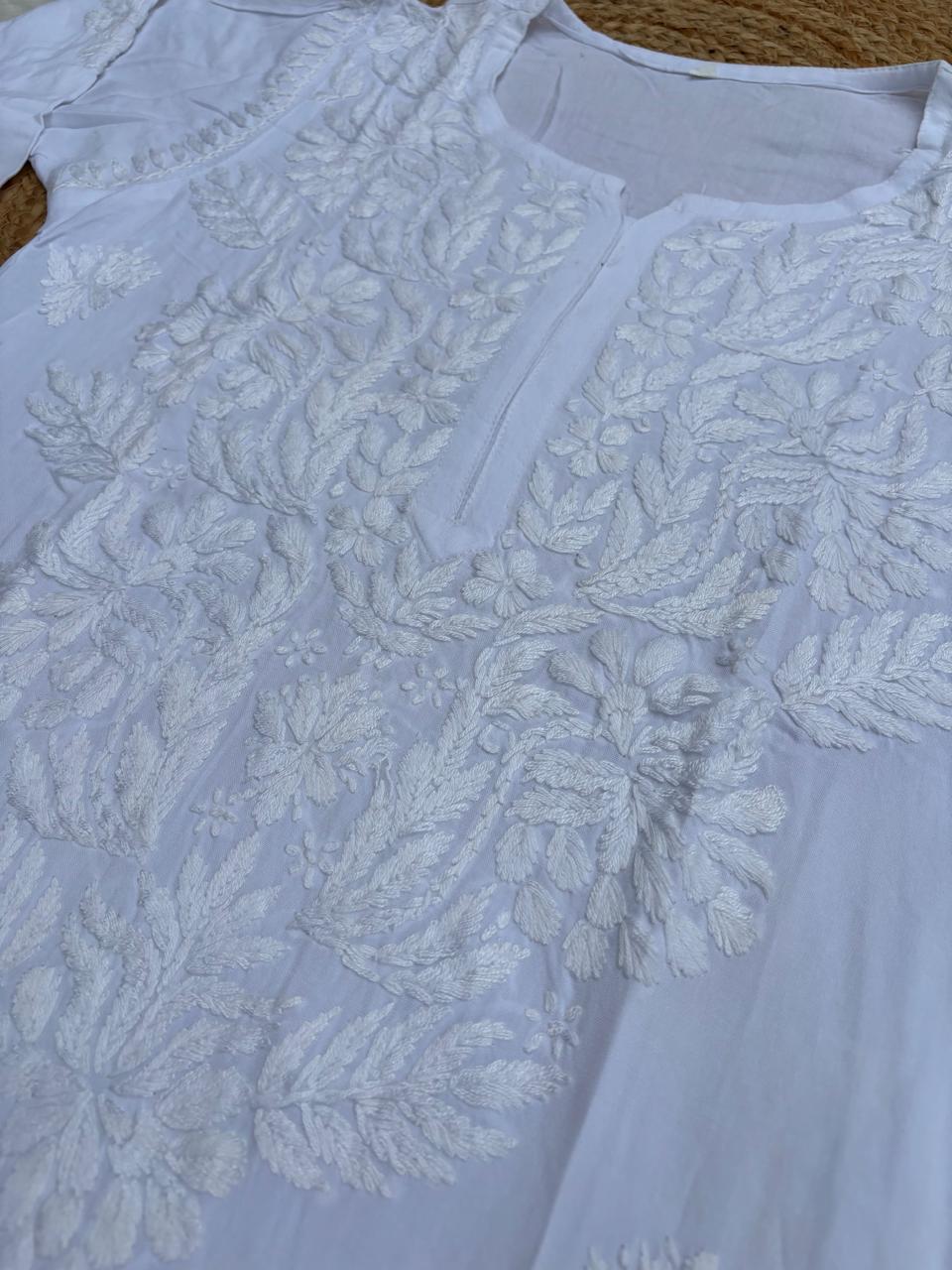 Simar Soft Rayon Handwork Chikankari Kurti- White Colour