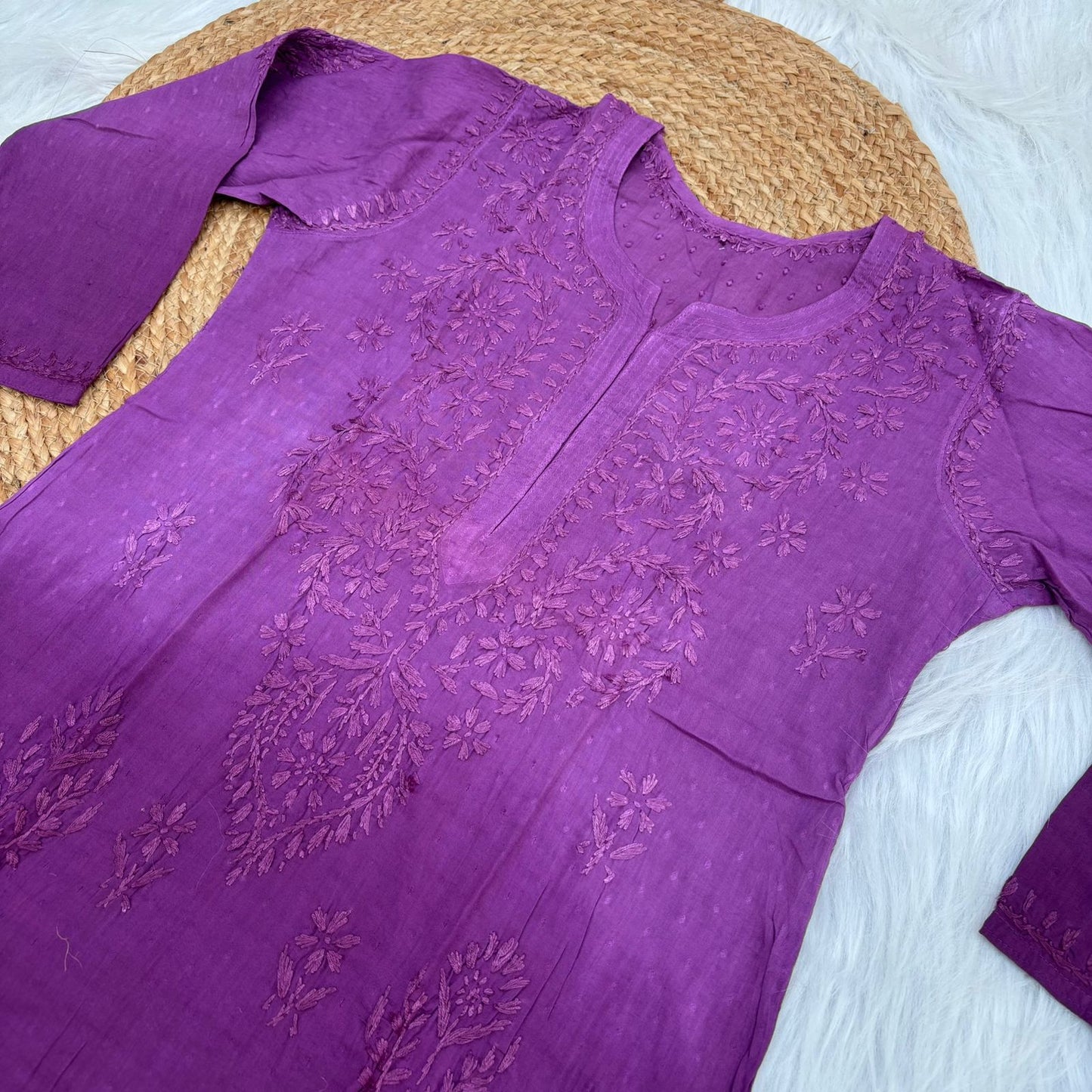 Tuba Ombre Shaded Dobby Cotton Chikankari Kurti - Wine Colour