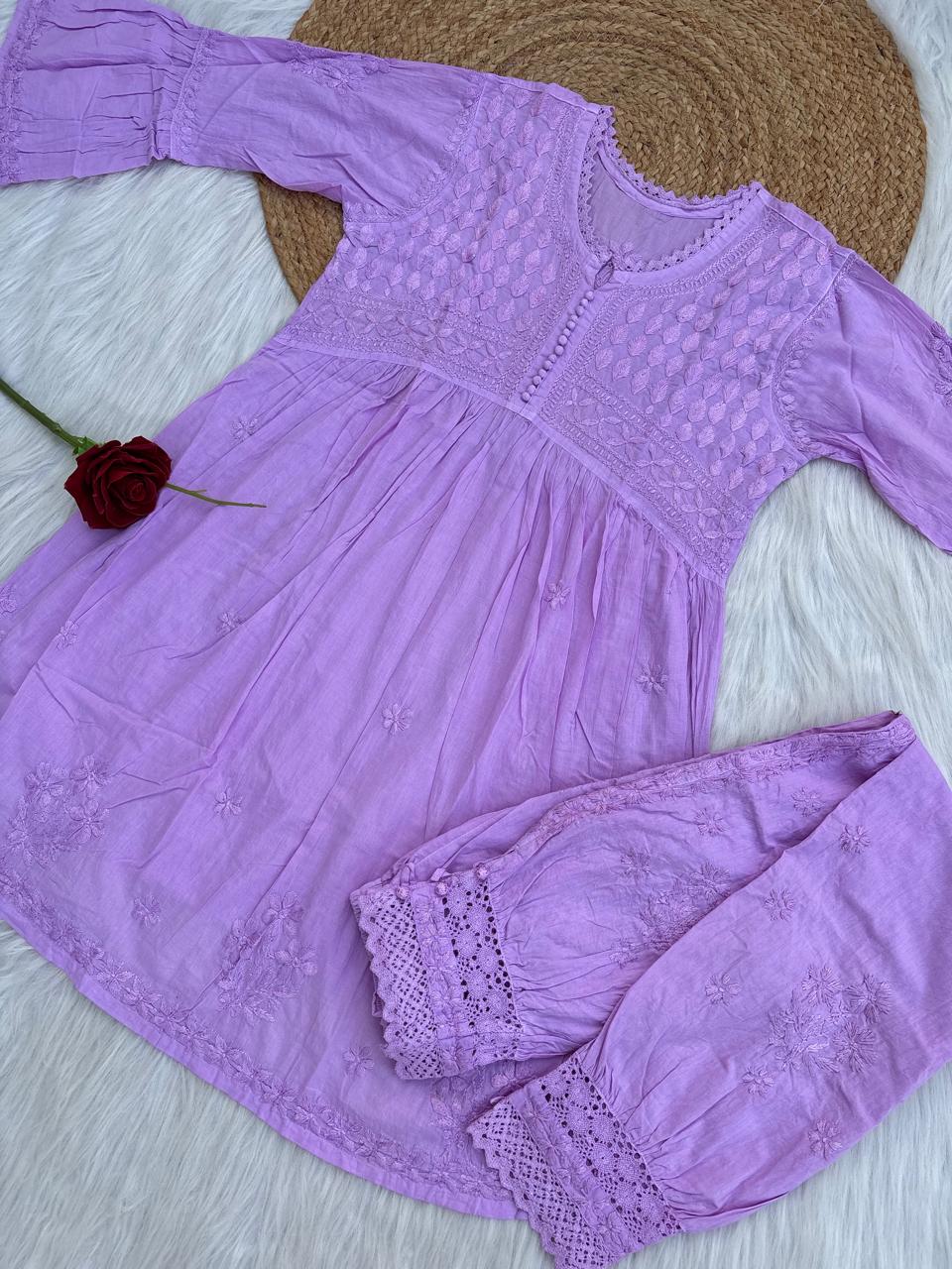Laila Dobby Cotton Frock Style Short Kurti with Afghani Pant - Purple Color