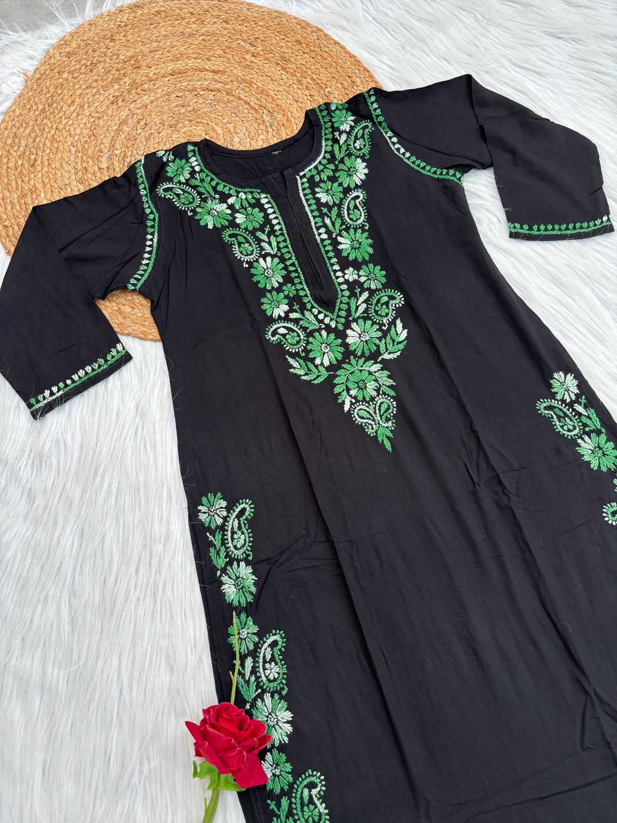 Ghada Soft Rayon Lucknowi Handwork Chikankari Kurti - Green Colour