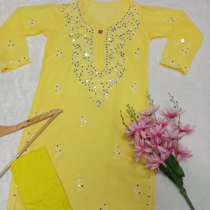 Georgette Mirror Work Chikankari Kurti With Inner - Yellow Colour