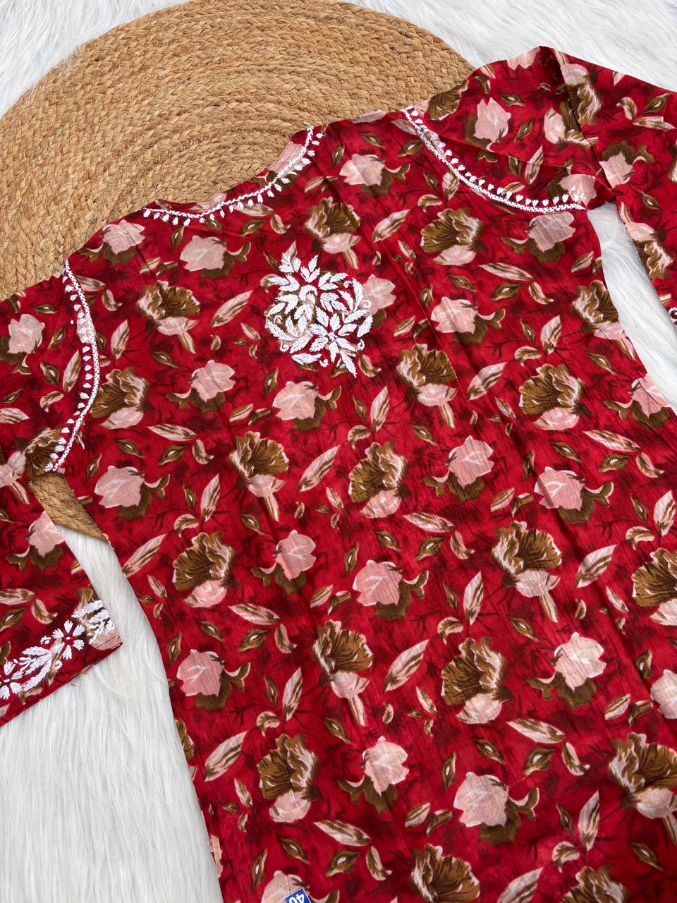 Elena Mulmul Cotton Handwork Chikankari Kurti Set - Cherry Colour