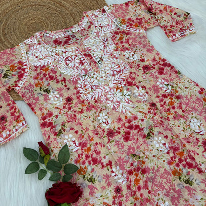 Nura Pure Mulmul Cotton Short Kurti - Red Colour - Chikankaar