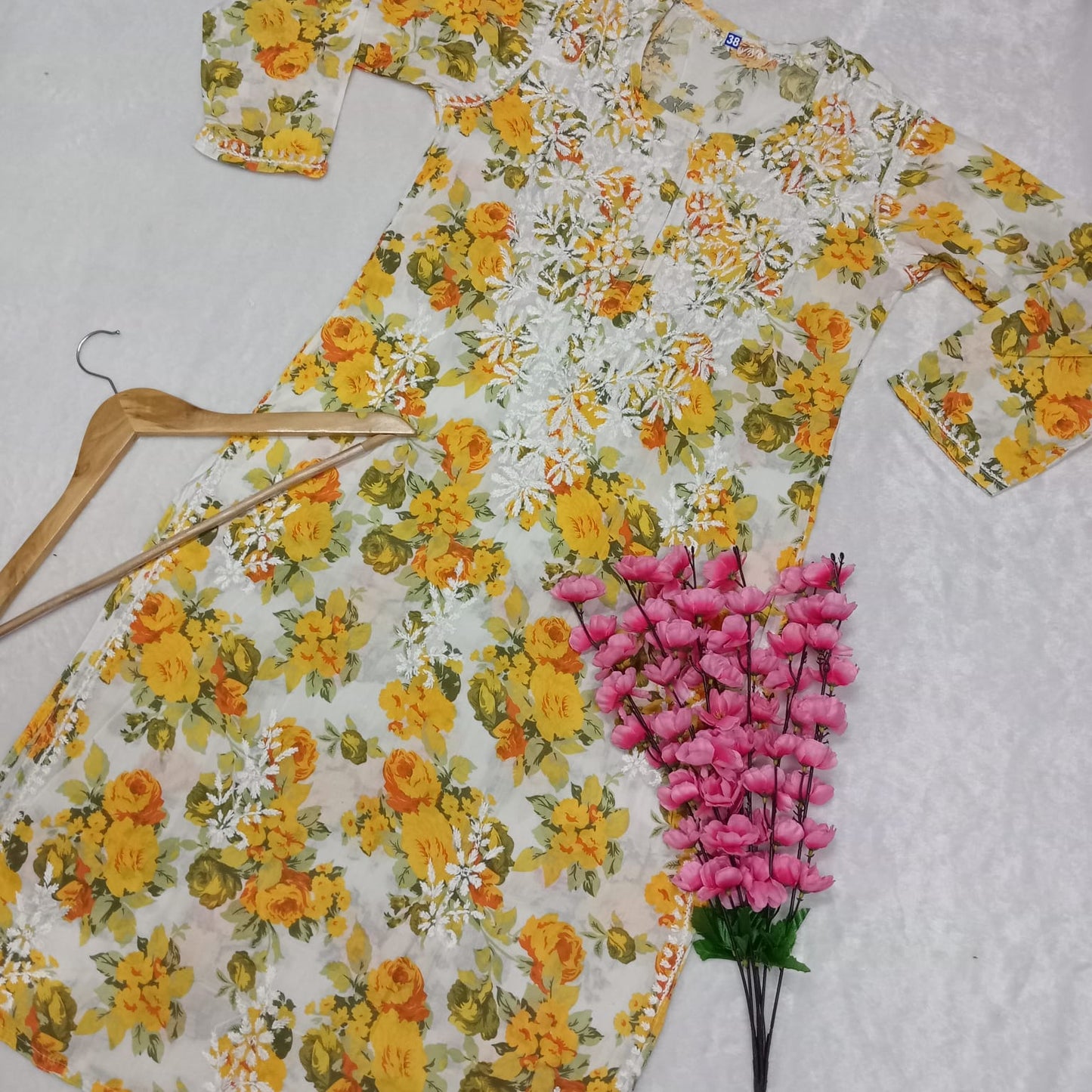 Aisha Mulmul Floral Printed Chikankari Handwork Kurti-  Yellow Colour