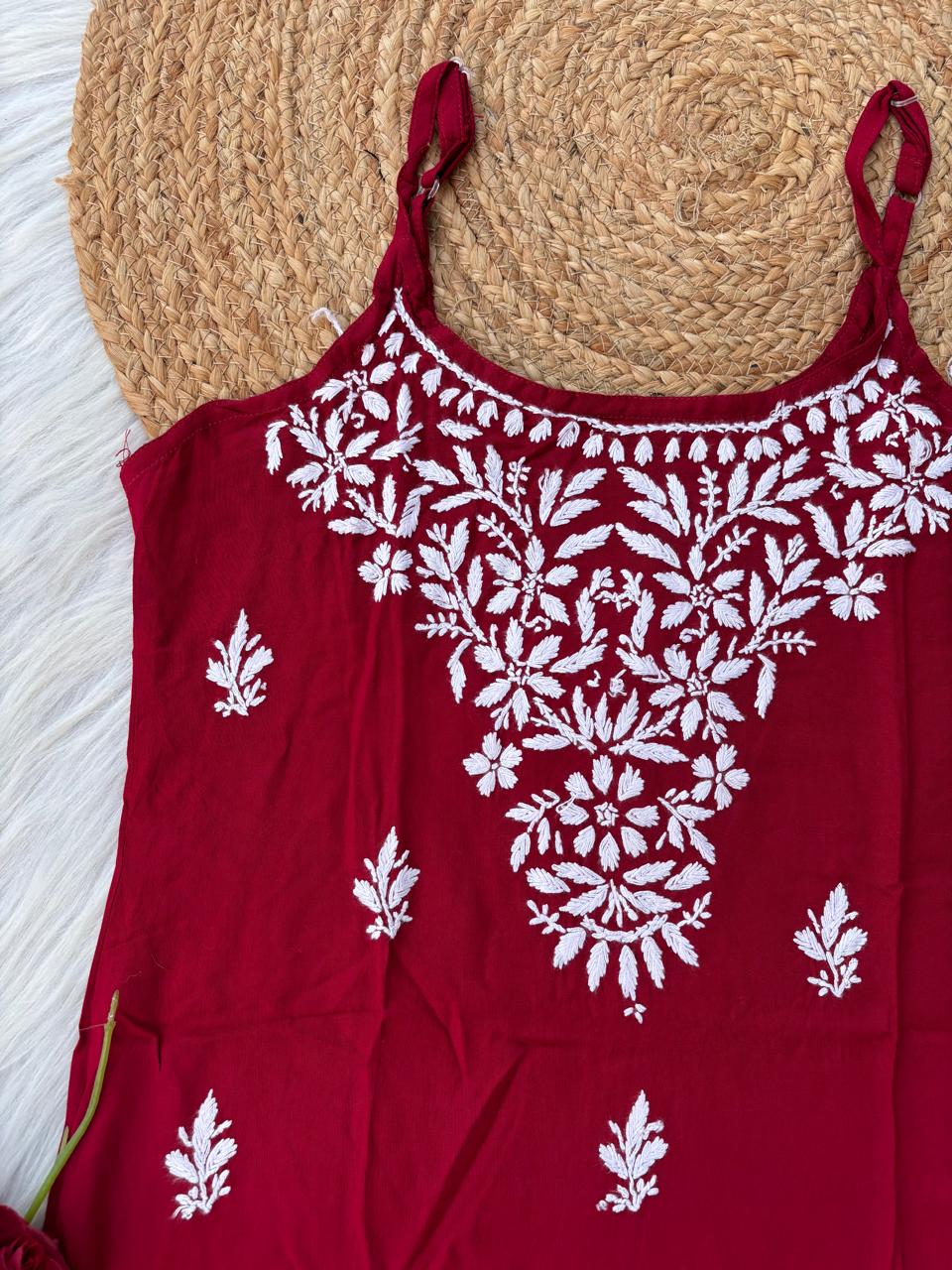 Ayla Rayon Handwork Chikankari Noodle Strap Short Kurti - Maroon Colour