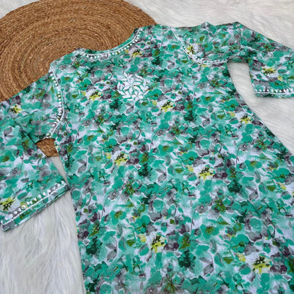 Yasmin Pure Mulmul Chikankari Handwork Kurti - Sea Green Colour
